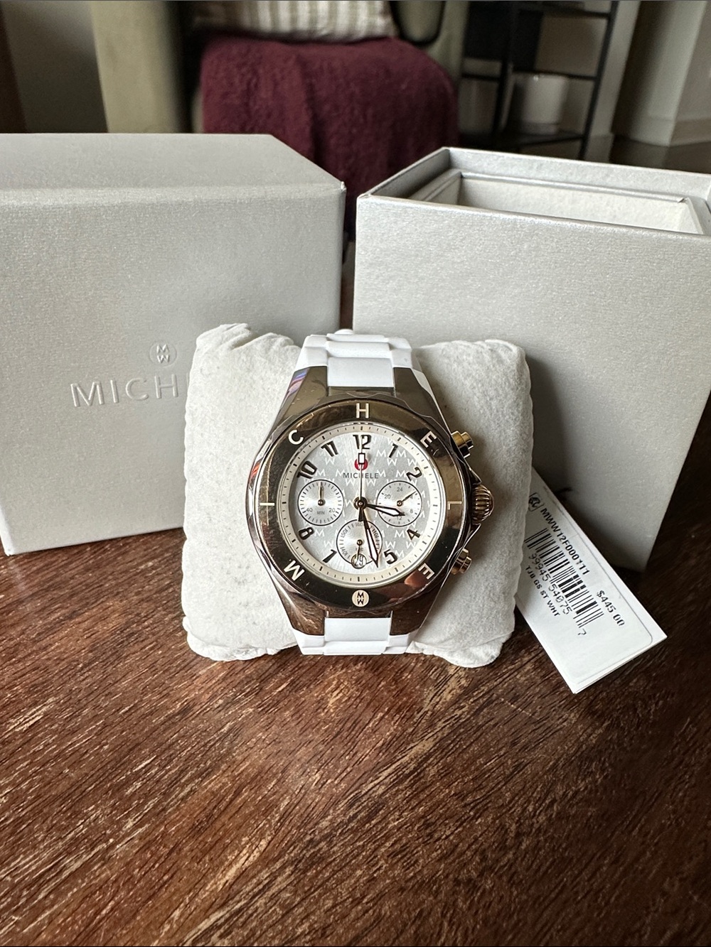 NWT Michele Jelly Bean Tahitian White Silicone Strap Chronograph with Gold